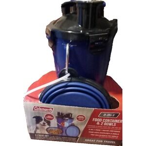 Coleman - 3-In-1 Food, Water, and 2 Travel Dog/Cat Bowls Blue‎ NWT